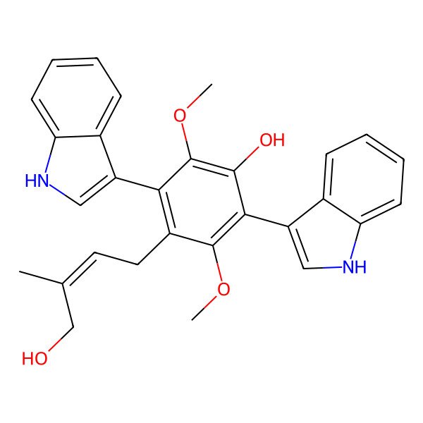 2D Structure of 4-(4-hydroxy-3-methylbut-2-enyl)-2,5-bis(1H-indol-3-yl)-3,6-dimethoxyphenol