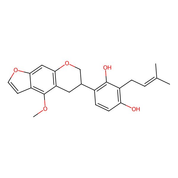 2D Structure of 4-(4-methoxy-6,7-dihydro-5H-furo[3,2-g]chromen-6-yl)-2-(3-methylbut-2-enyl)benzene-1,3-diol