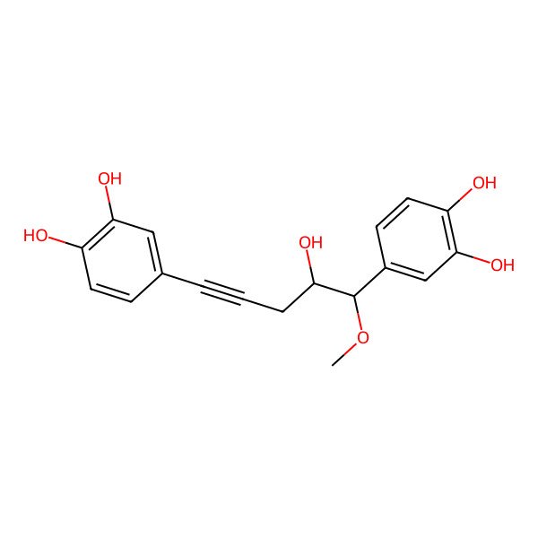 2D Structure of 4-[(4R,5R)-5-(3,4-dihydroxyphenyl)-4-hydroxy-5-methoxypent-1-ynyl]benzene-1,2-diol