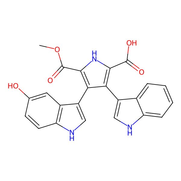 2D Structure of 4-(5-hydroxy-1H-indol-3-yl)-3-(1H-indol-3-yl)-5-methoxycarbonyl-1H-pyrrole-2-carboxylic acid