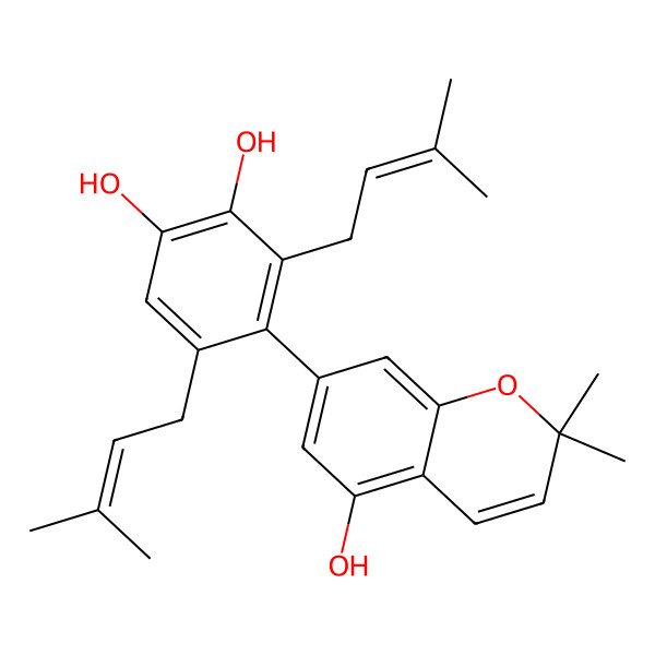 2D Structure of 4-(5-Hydroxy-2,2-dimethylchromen-7-yl)-3,5-bis(3-methylbut-2-enyl)benzene-1,2-diol 2D Structure of 4-(5-Hydroxy-2,2-dimethylchromen-7-yl)-3,5-bis(3-methylbut-2-enyl)benzene-1,2-diol