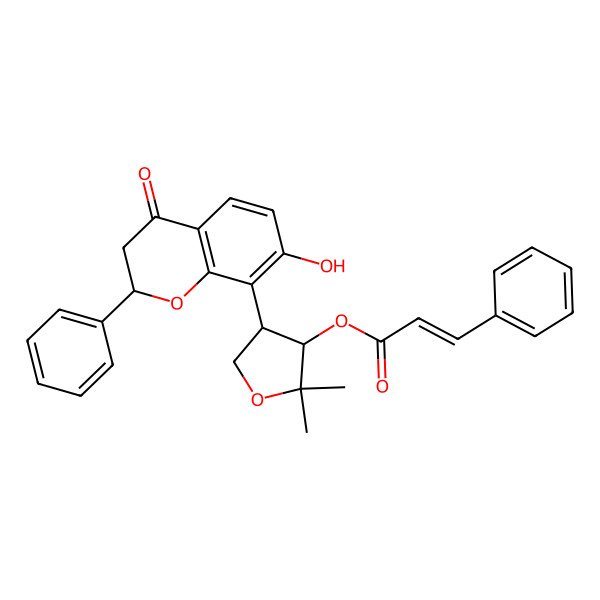 2D Structure of [4-(7-Hydroxy-4-oxo-2-phenyl-2,3-dihydrochromen-8-yl)-2,2-dimethyloxolan-3-yl] 3-phenylprop-2-enoate
