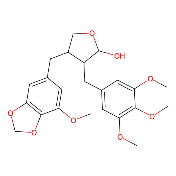 2D Structure of 4-[(7-Methoxy-1,3-benzodioxol-5-yl)methyl]-3-[(3,4,5-trimethoxyphenyl)methyl]oxolan-2-ol