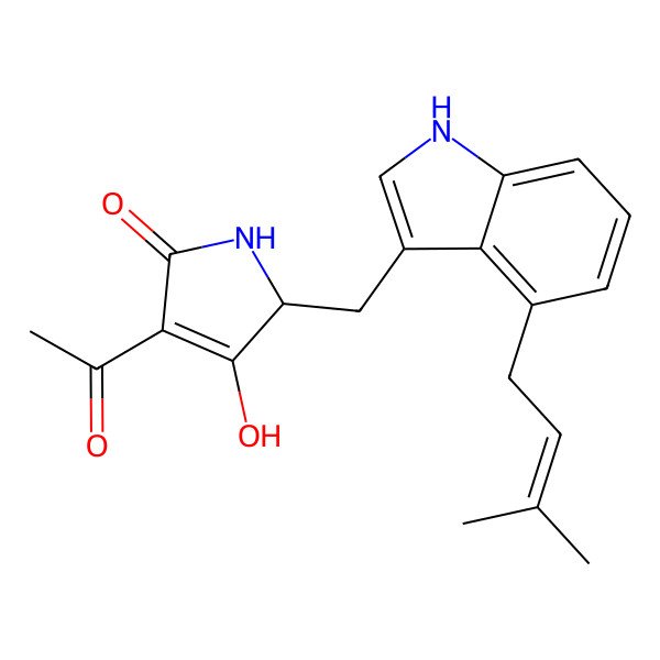 2D Structure of 4-acetyl-3-hydroxy-2-[[4-(3-methylbut-2-enyl)-1H-indol-3-yl]methyl]-1,2-dihydropyrrol-5-one