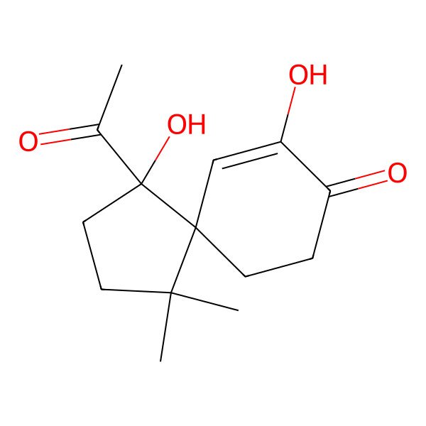 2D Structure of 4-Acetyl-4,9-dihydroxy-1,1-dimethylspiro[4.5]dec-9-en-8-one