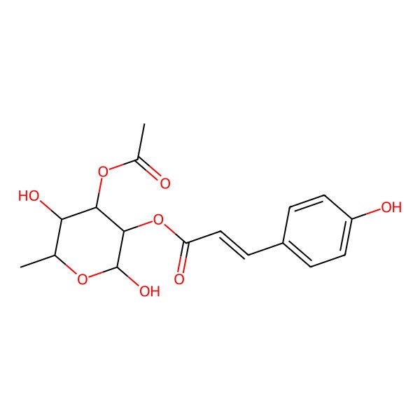 2D Structure of (4-Acetyloxy-2,5-dihydroxy-6-methyloxan-3-yl) 3-(4-hydroxyphenyl)prop-2-enoate 2D Structure of (4-Acetyloxy-2,5-dihydroxy-6-methyloxan-3-yl) 3-(4-hydroxyphenyl)prop-2-enoate