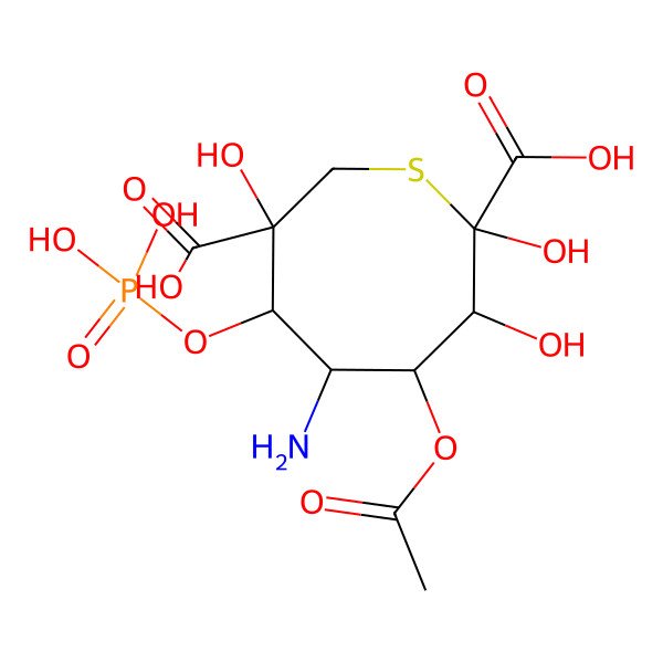 2D Structure of 4-Acetyloxy-5-amino-2,3,7-trihydroxy-6-phosphonooxythiocane-2,7-dicarboxylic acid