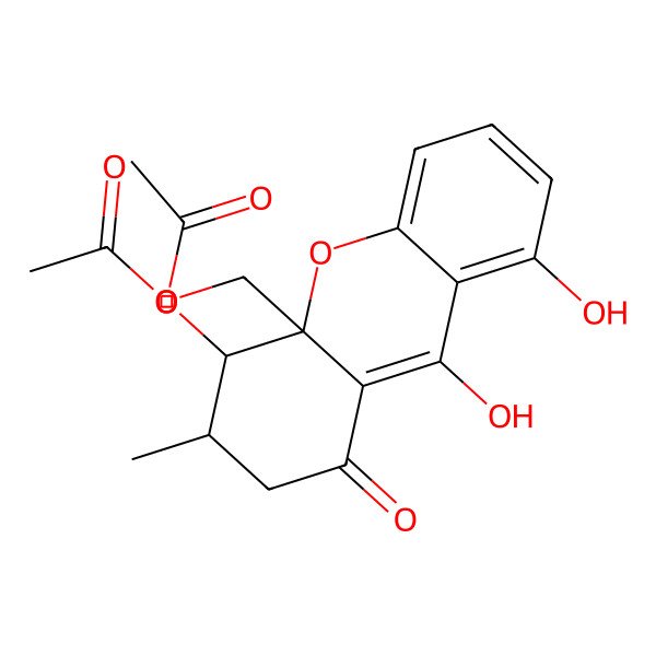 2D Structure of (4-acetyloxy-8,9-dihydroxy-3-methyl-1-oxo-3,4-dihydro-2H-xanthen-4a-yl)methyl acetate