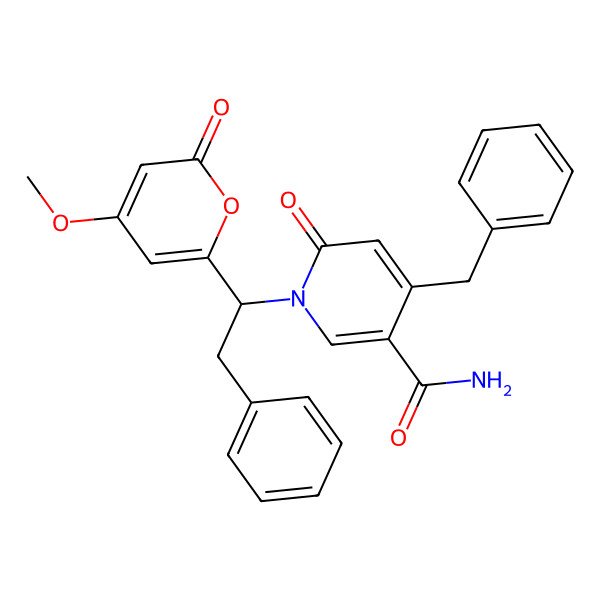 2D Structure of 4-Benzyl-1-[1-(4-methoxy-6-oxopyran-2-yl)-2-phenylethyl]-6-oxopyridine-3-carboxamide