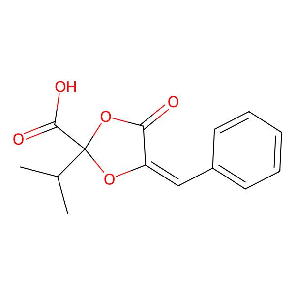2D Structure of 4-Benzylidene-5-oxo-2-propan-2-yl-1,3-dioxolane-2-carboxylic acid