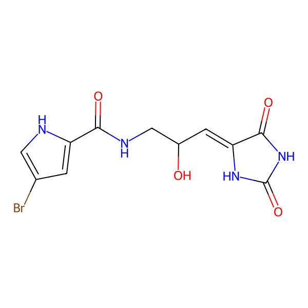 2D Structure of 4-bromo-N-[(2R,3Z)-3-(2,5-dioxoimidazolidin-4-ylidene)-2-hydroxypropyl]-1H-pyrrole-2-carboxamide
