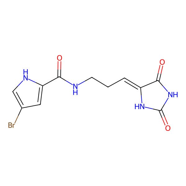 2D Structure of 4-bromo-N-[(3Z)-3-(2,5-dioxoimidazolidin-4-ylidene)propyl]-1H-pyrrole-2-carboxamide
