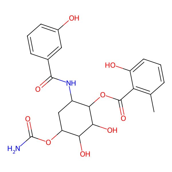 2D Structure of [4-Carbamoyloxy-2,3-dihydroxy-6-[(3-hydroxybenzoyl)amino]cyclohexyl] 2-hydroxy-6-methylbenzoate