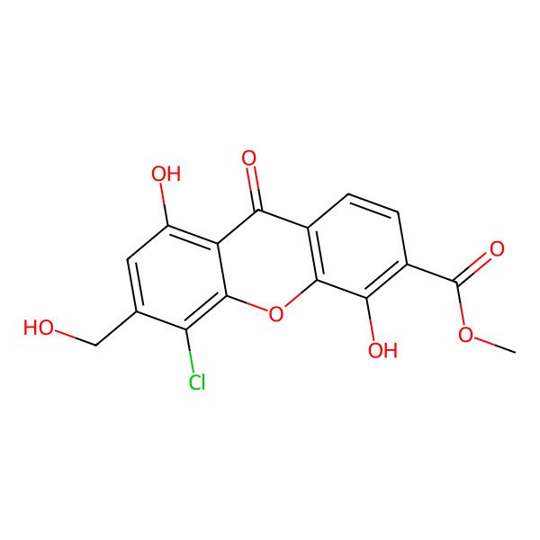 2D Structure of 4-Chloro-1,5-dihydroxy-3-hydroxymethyl-6-methoxycarbonyl-xanthen-9-one