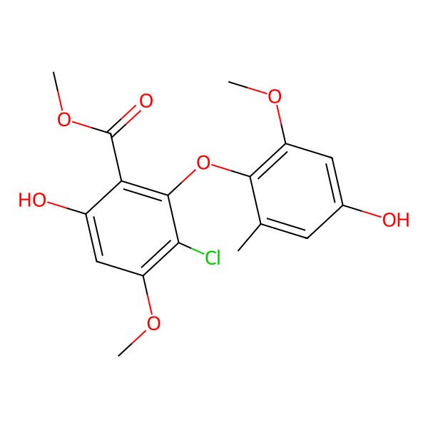 2D Structure of Methyl 3-chloro-6-hydroxy-2-(4-hydroxy-2-methoxy-6-methylphenoxy)-4-methoxybenzoate