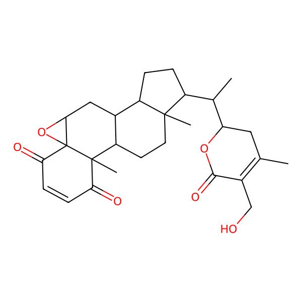 2D Structure of Ergosta-2,24-dien-26-oic acid, 5,6-epoxy-22,27-dihydroxy-1,4-dioxo-, delta-lactone, (5beta,6beta,22R)-