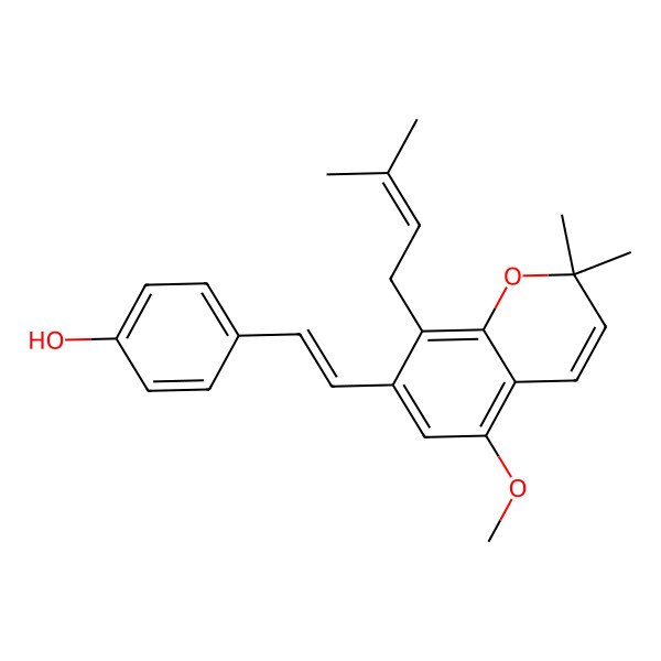 2D Structure of 4-[(E)-2-[5-methoxy-2,2-dimethyl-8-(3-methylbut-2-enyl)chromen-7-yl]ethenyl]phenol