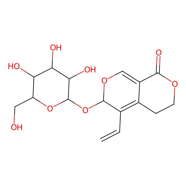 2D Structure of 4-ethenyl-3-[3,4,5-trihydroxy-6-(hydroxymethyl)oxan-2-yl]oxy-5,6-dihydro-3H-pyrano[3,4-c]pyran-8-one