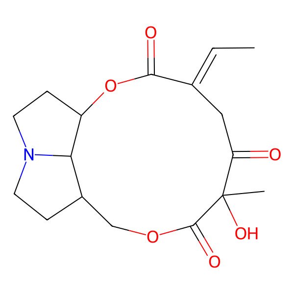 2D Structure of 4-Ethylidene-7-hydroxy-7-methyl-2,9-dioxa-14-azatricyclo[9.5.1.014,17]heptadecane-3,6,8-trione