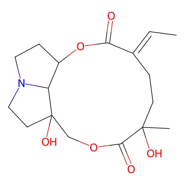2D Structure of 4-Ethylidene-7,11-dihydroxy-7-methyl-2,9-dioxa-14-azatricyclo[9.5.1.014,17]heptadecane-3,8-dione