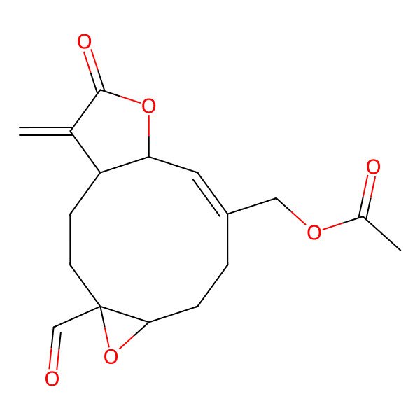 2D Structure of (4-Formyl-14-methylidene-13-oxo-5,12-dioxatricyclo[9.3.0.04,6]tetradec-9-en-9-yl)methyl acetate