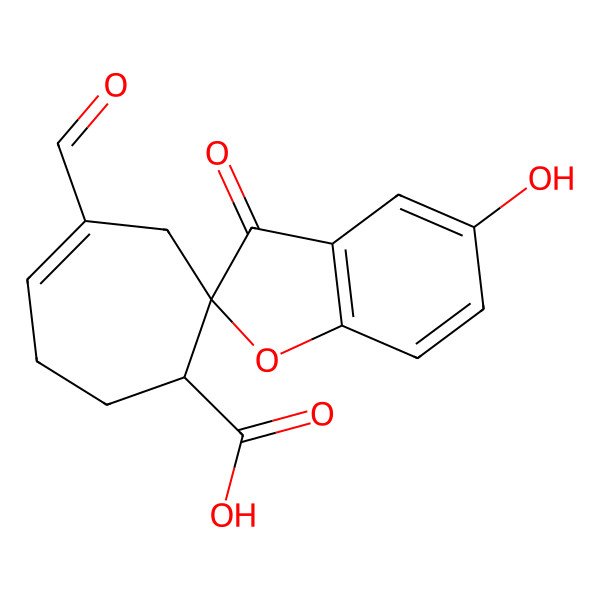 2D Structure of 4'-Formyl-5-hydroxy-3-oxospiro[1-benzofuran-2,2'-cyclohept-4-ene]-1'-carboxylic acid