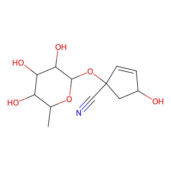 2D Structure of 4-Hydroxy-1-(3,4,5-trihydroxy-6-methyloxan-2-yl)oxycyclopent-2-ene-1-carbonitrile