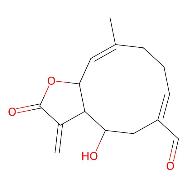 2D Structure of 4-Hydroxy-10-methyl-3-methylidene-2-oxo-3a,4,5,8,9,11a-hexahydrocyclodeca[b]furan-6-carbaldehyde