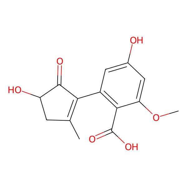 2D Structure of 4-Hydroxy-2-(4-hydroxy-2-methyl-5-oxocyclopenten-1-yl)-6-methoxybenzoic acid