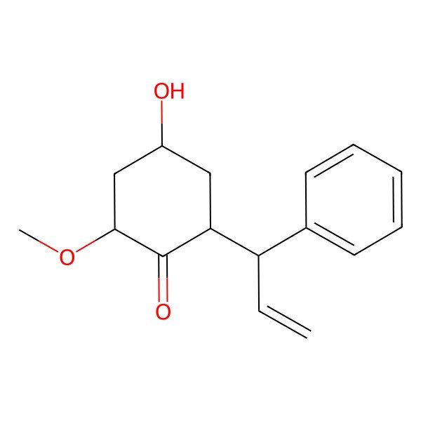 2D Structure of 4-Hydroxy-2-methoxy-6-(1-phenylprop-2-enyl)cyclohexan-1-one