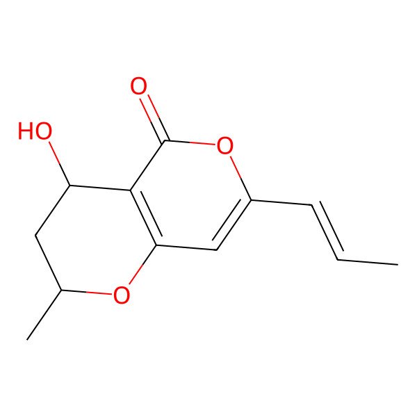 2D Structure of 4-hydroxy-2-methyl-7-[(E)-prop-1-enyl]-3,4-dihydro-2H-pyrano[3,2-c]pyran-5-one