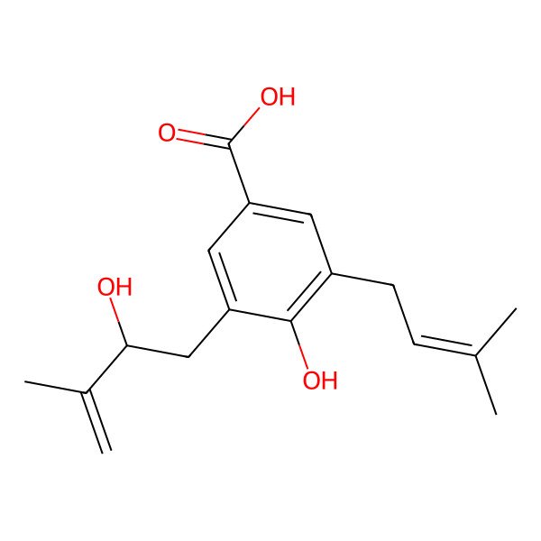 2D Structure of 4-Hydroxy-3-(2-hydroxy-3-methylbut-3-enyl)-5-(3-methylbut-2-enyl)benzoic acid