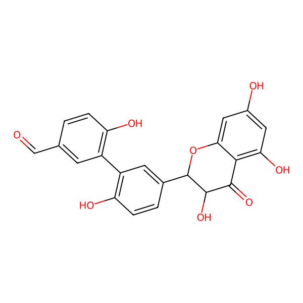 2D Structure of 4-hydroxy-3-[2-hydroxy-5-[(2S,3R)-3,5,7-trihydroxy-4-oxo-2,3-dihydrochromen-2-yl]phenyl]benzaldehyde
