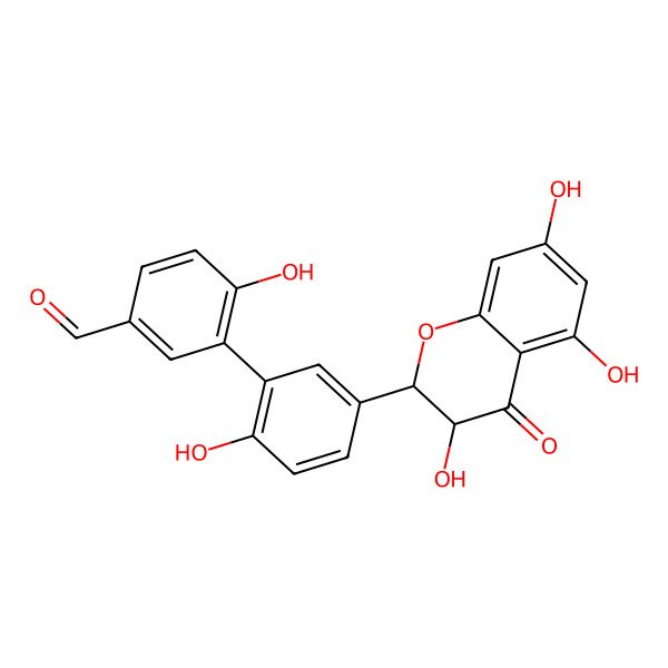 2D Structure of 4-Hydroxy-3-[2-hydroxy-5-(3,5,7-trihydroxy-4-oxo-2,3-dihydrochromen-2-yl)phenyl]benzaldehyde
