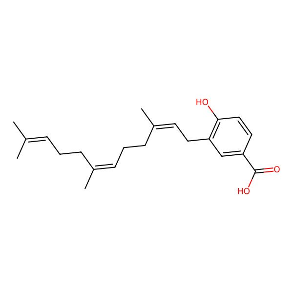 2D Structure of 4-hydroxy-3-[(2E,6E)-3,7,11-trimethyldodeca-2,6,10-trienyl]benzoic acid