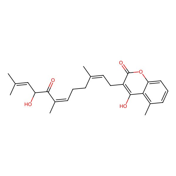 2D Structure of 4-hydroxy-3-[(2E,6E,9R)-9-hydroxy-3,7,11-trimethyl-8-oxododeca-2,6,10-trienyl]-5-methylchromen-2-one