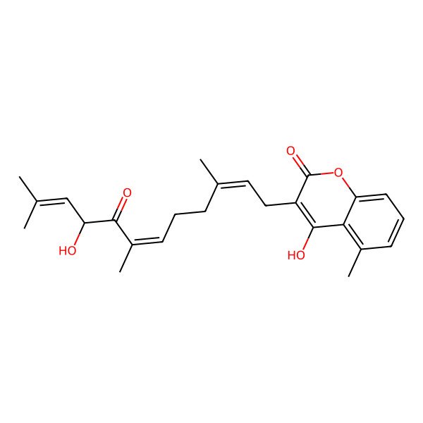 2D Structure of 4-hydroxy-3-[(2E,6E,9S)-9-hydroxy-3,7,11-trimethyl-8-oxododeca-2,6,10-trienyl]-5-methylchromen-2-one