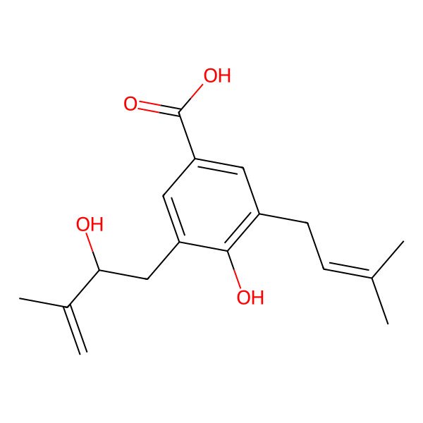 2D Structure of 4-hydroxy-3-[(2R)-2-hydroxy-3-methylbut-3-enyl]-5-(3-methylbut-2-enyl)benzoic acid