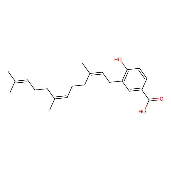 2D Structure of 4-hydroxy-3-[(2Z,6Z)-3,7,11-trimethyldodeca-2,6,10-trienyl]benzoic acid