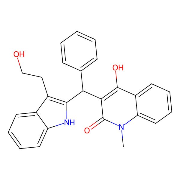2D Structure of 4-hydroxy-3-[[3-(2-hydroxyethyl)-1H-indol-2-yl]-phenylmethyl]-1-methylquinolin-2-one