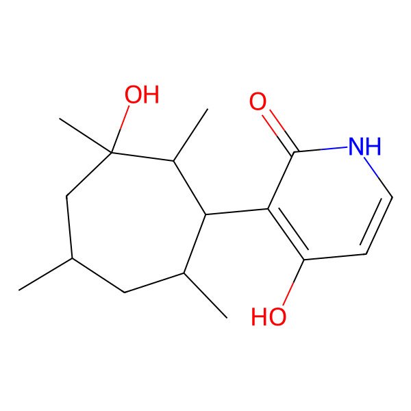 2D Structure of 4-hydroxy-3-(3-hydroxy-2,3,5,7-tetramethylcycloheptyl)-1H-pyridin-2-one