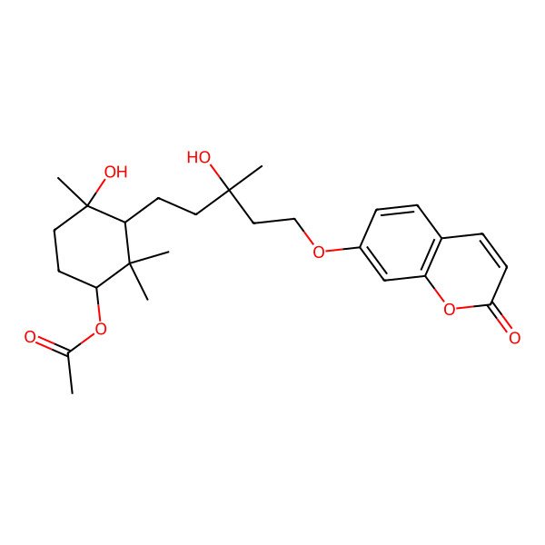 2D Structure of 4-Hydroxy-3-[3-hydroxy-3-methyl-5-(2-oxochromen-7-yloxy)pentyl]-2,2,4-trimethy lcyclohexyl acetate