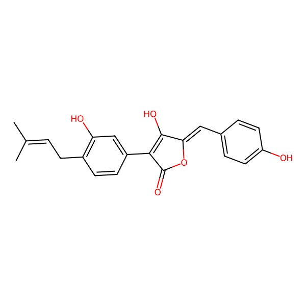 2D Structure of 4-Hydroxy-3-[3-hydroxy-4-(3-methylbut-2-enyl)phenyl]-5-[(4-hydroxyphenyl)methylidene]furan-2-one