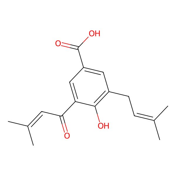 2D Structure of 4-Hydroxy-3-(3-methyl-2-butenoyl)-5-(3-methyl-2-butenyl)benzoic acid