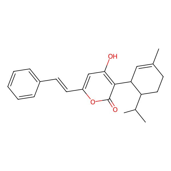 2D Structure of 4-Hydroxy-3-(3-methyl-6-propan-2-ylcyclohex-2-en-1-yl)-6-(2-phenylethenyl)pyran-2-one