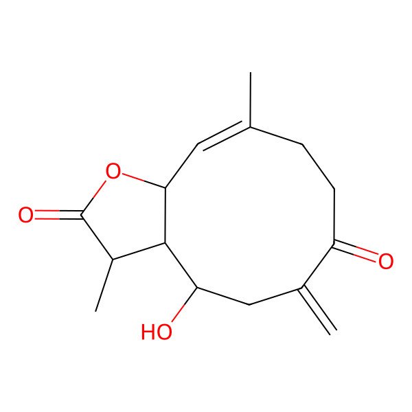2D Structure of 4-hydroxy-3,10-dimethyl-6-methylidene-3a,4,5,8,9,11a-hexahydro-3H-cyclodeca[b]furan-2,7-dione