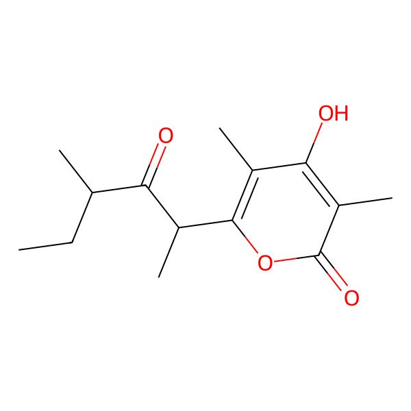 2D Structure of 4-hydroxy-3,5-dimethyl-6-[(2S,4R)-4-methyl-3-oxohexan-2-yl]pyran-2-one