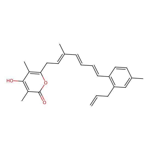 2D Structure of 4-Hydroxy-3,5-dimethyl-6-[3-methyl-7-(4-methyl-2-prop-2-enylphenyl)hepta-2,4,6-trienyl]pyran-2-one