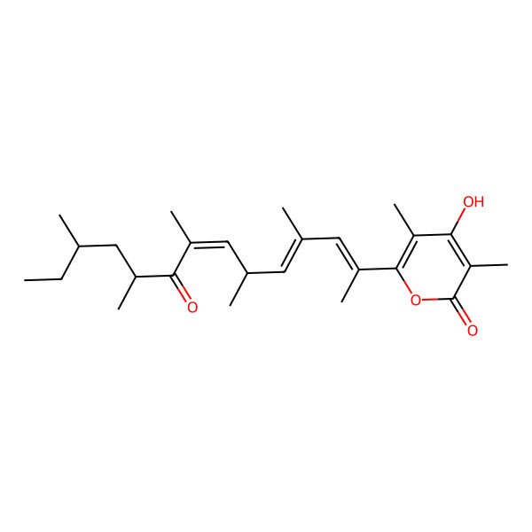 2D Structure of 4-Hydroxy-3,5-dimethyl-6-(4,6,8,10,12-pentamethyl-9-oxotetradeca-2,4,7-trien-2-yl)pyran-2-one