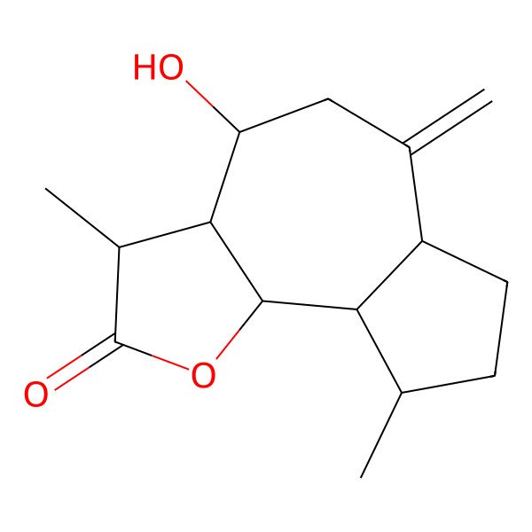 2D Structure of 4-Hydroxy-3,9-dimethyl-6-methylidene-3,3a,4,5,6a,7,8,9,9a,9b-decahydroazuleno[4,5-b]furan-2-one
